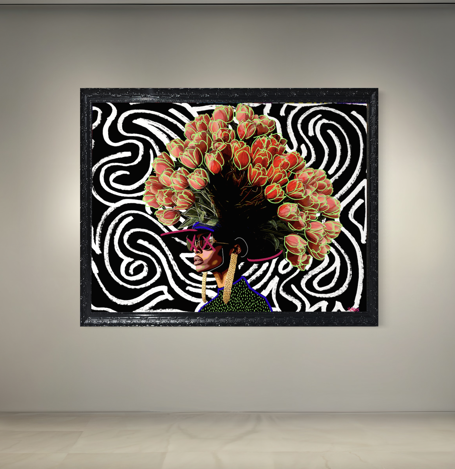 Brain In Love original painting by Henrix woman with floral brain mixed media wood panel resin finish