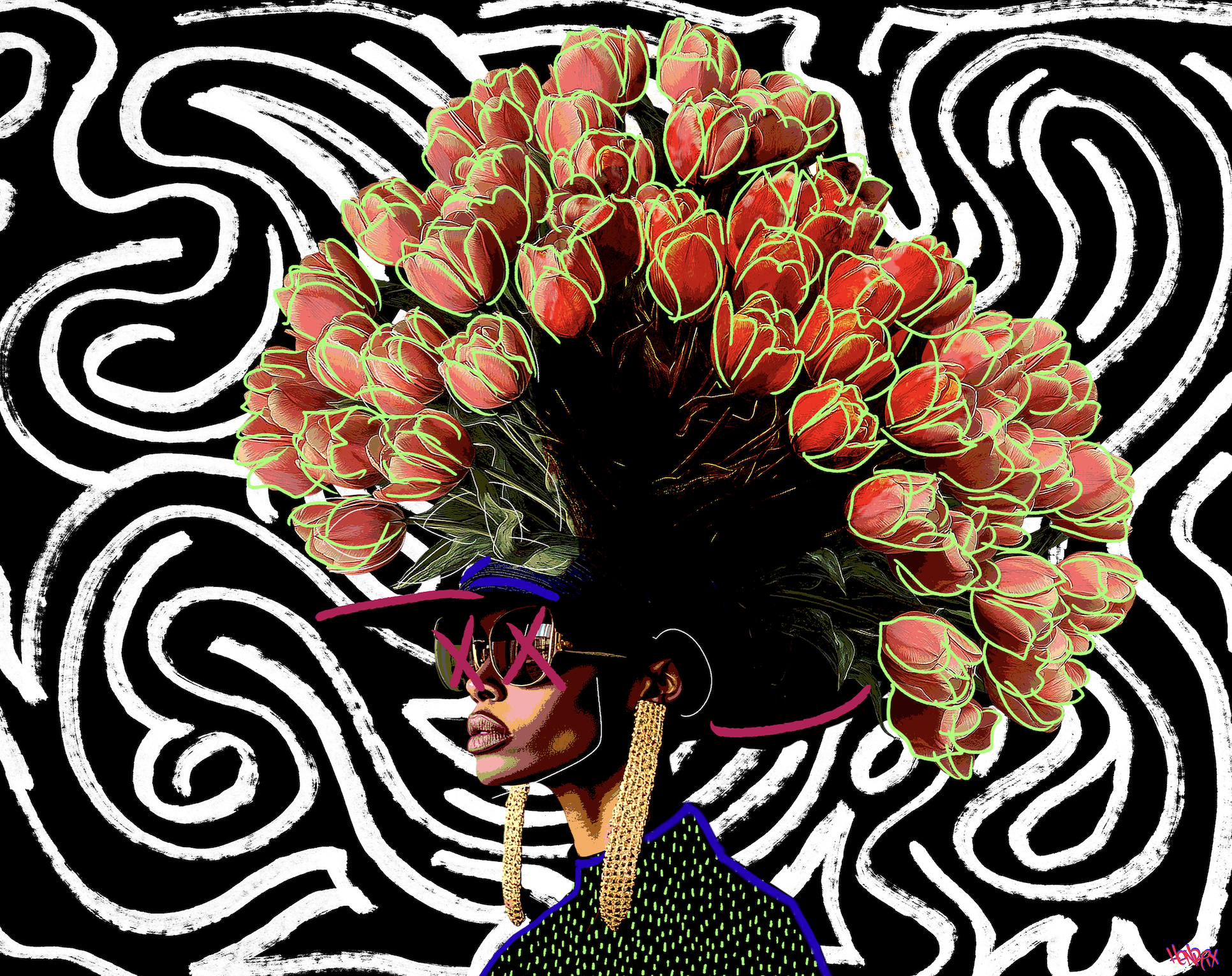 Close-up of Brain in Love painting by Henrix showing detailed tulip crown and black and white maze