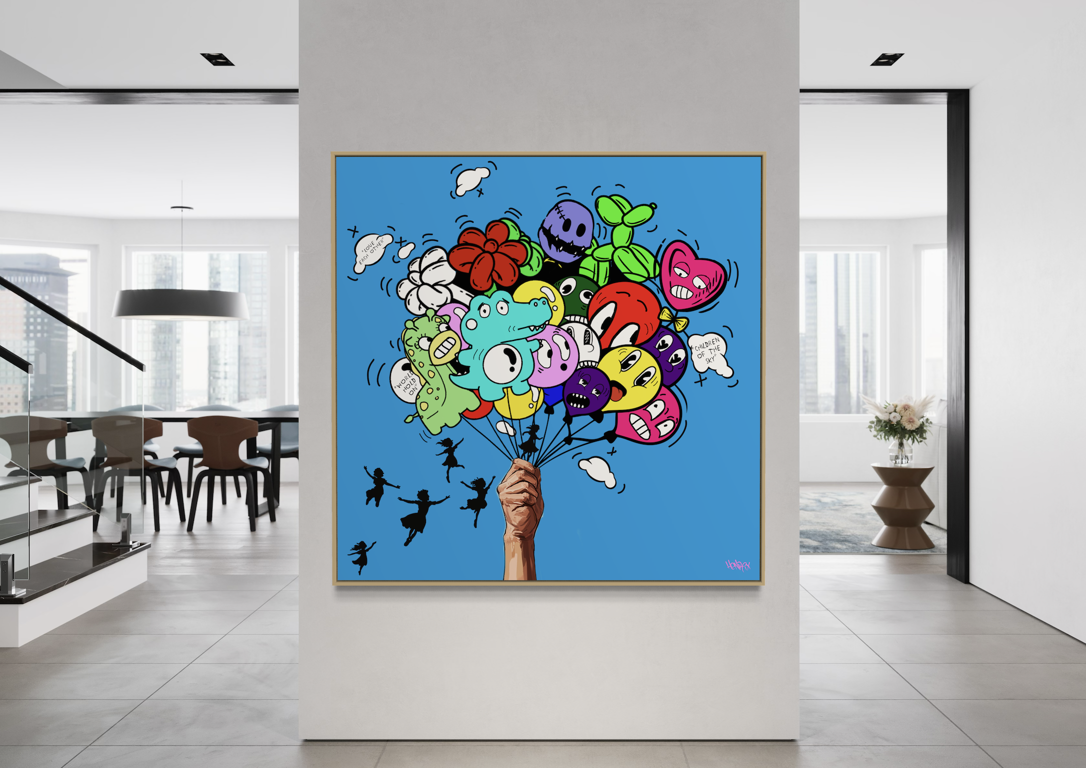 Uplifting artwork of floating balloons in "Children of the Sky" painting by Henrix