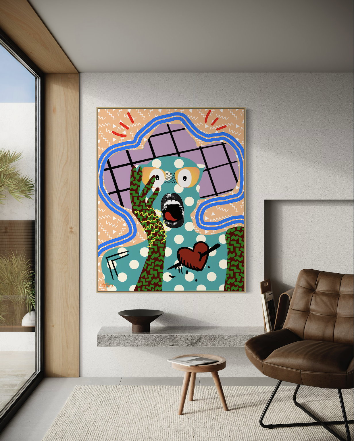 "Shattered Heart" canvas art by Henrix featuring a polka-dotted figure and arrow-pierced heart