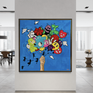 Children of the Sky original painting by Henrix balloons and floating figures symbolizing hope acrylic on canvas resin finish