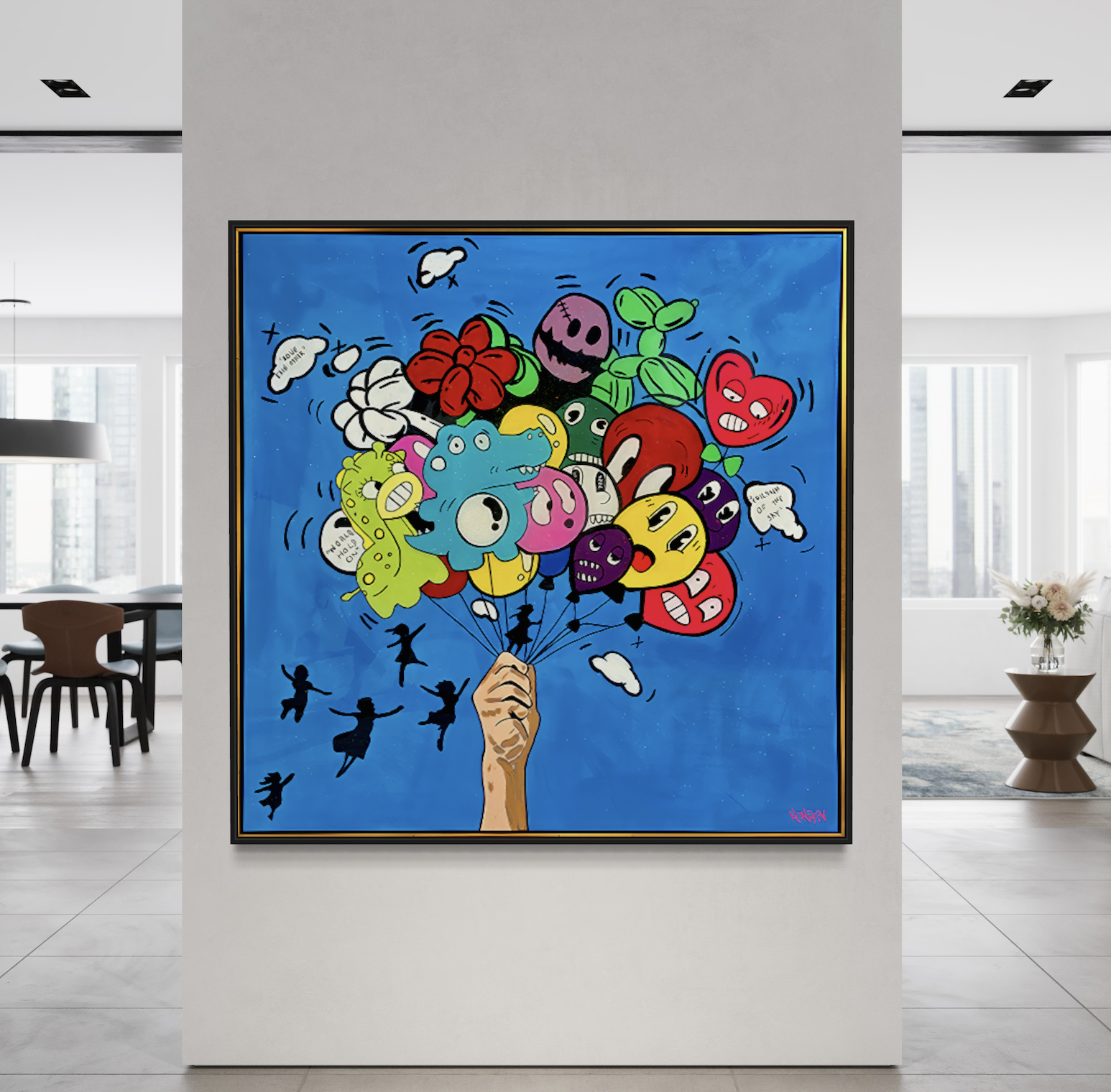 Children of the Sky original painting by Henrix balloons and floating figures acrylic on canvas resin finish