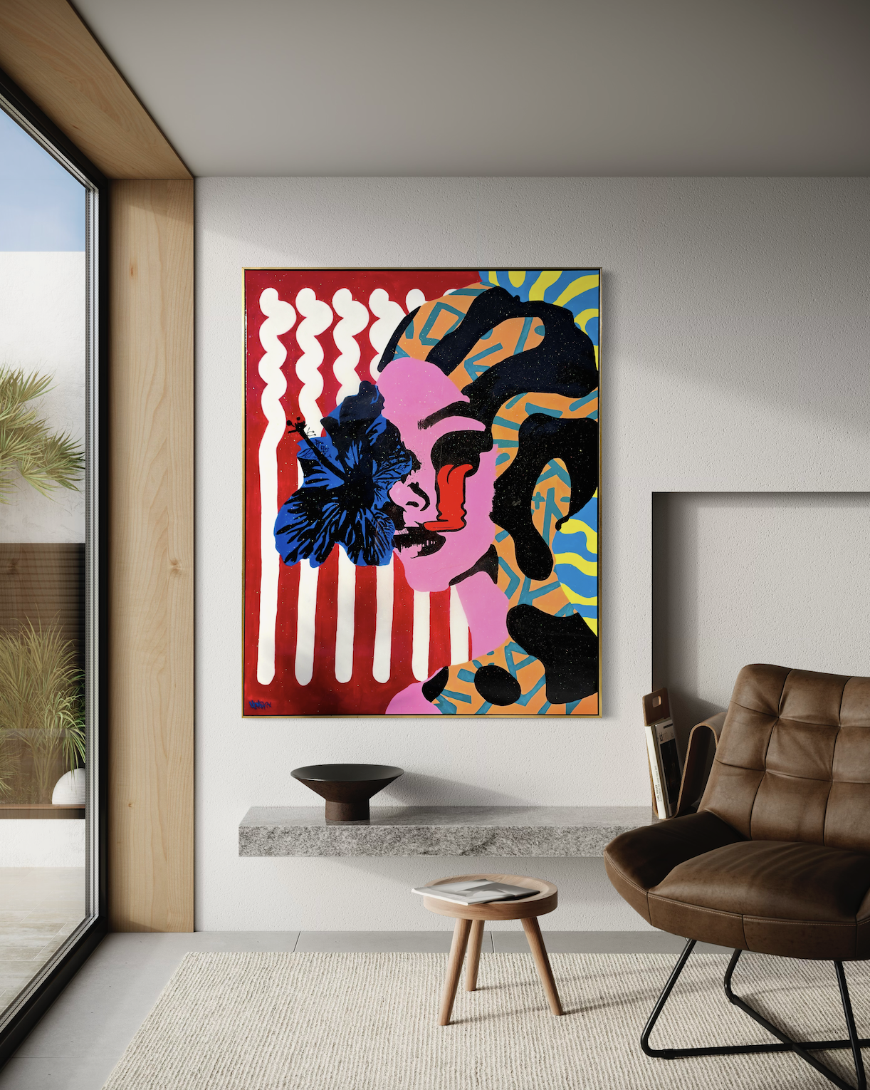 "The Eyes, They Never Lie" artwork by Henrix displayed in modern living room
