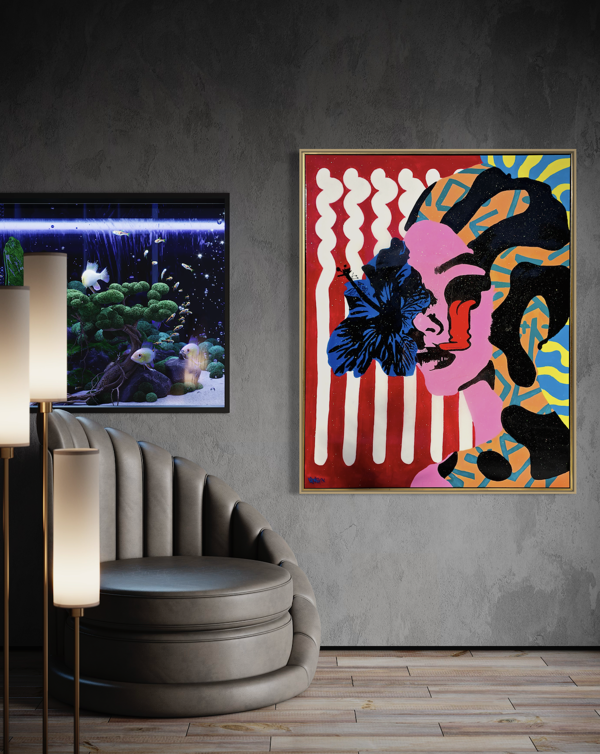 "The Eyes, They Never Lie" artwork by Henrix displayed in modern living room