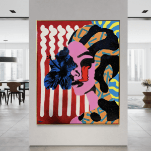 The Eyes They Never Lie original painting by Henrix expressive female portrait with bold colors and symbolic shapes resin finish