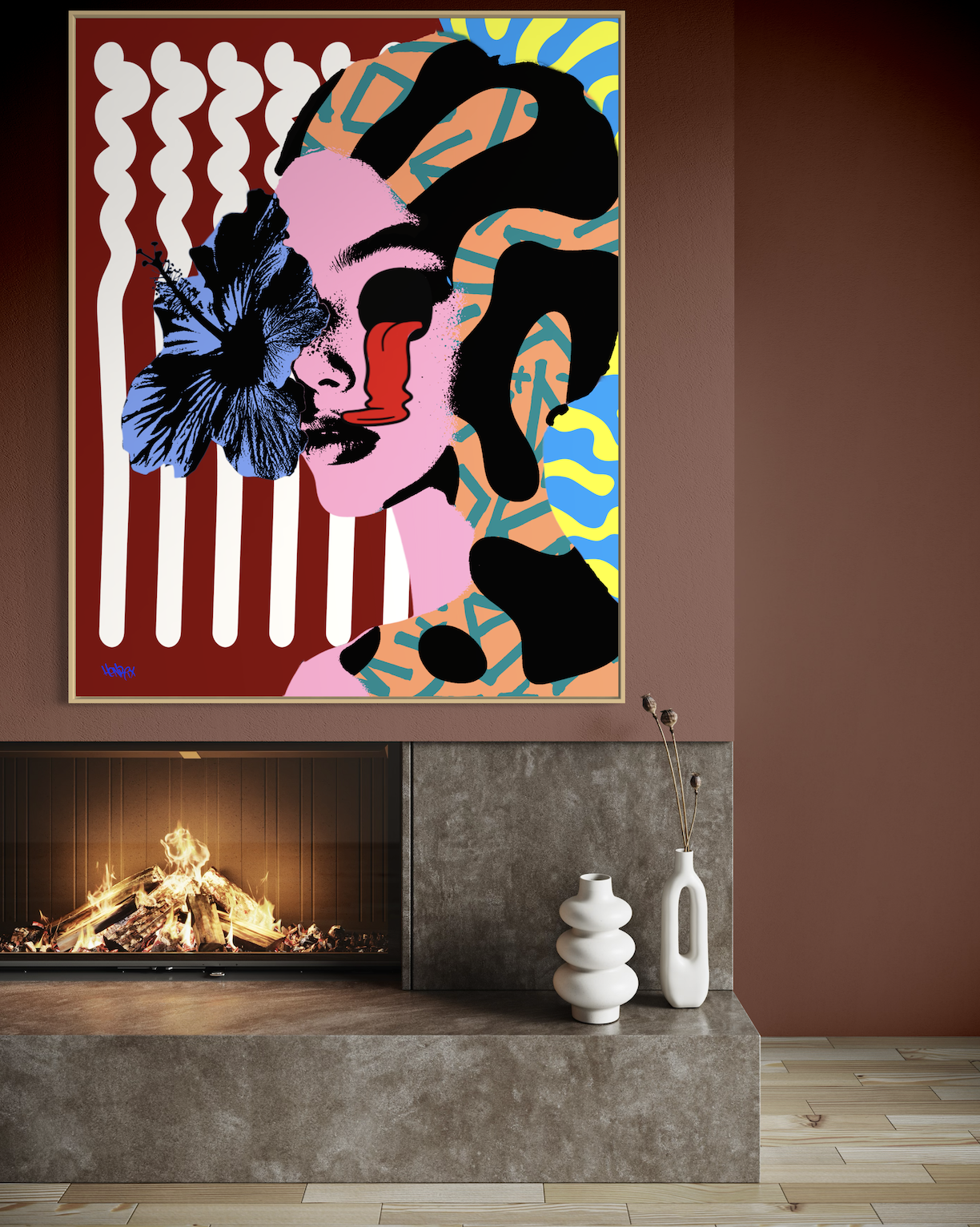Canvas art titled "The Eyes, They Never Lie" with red and pink hues and dramatic floral accents
