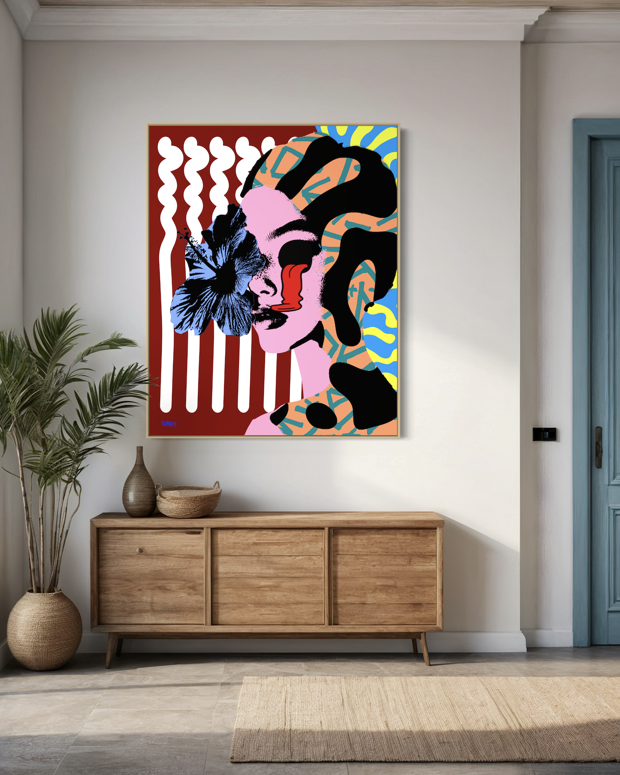 Canvas art titled "The Eyes, They Never Lie" with red and pink hues and dramatic floral accents