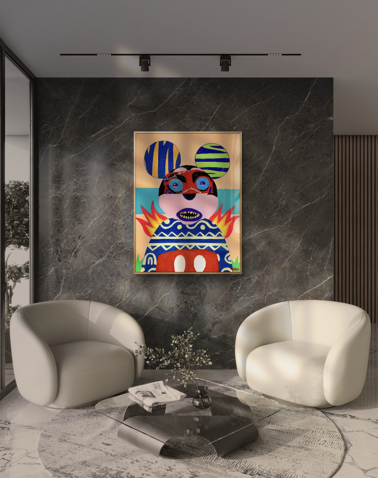 "The Mouse Trap" artwork by Henrix shown on wall in living room