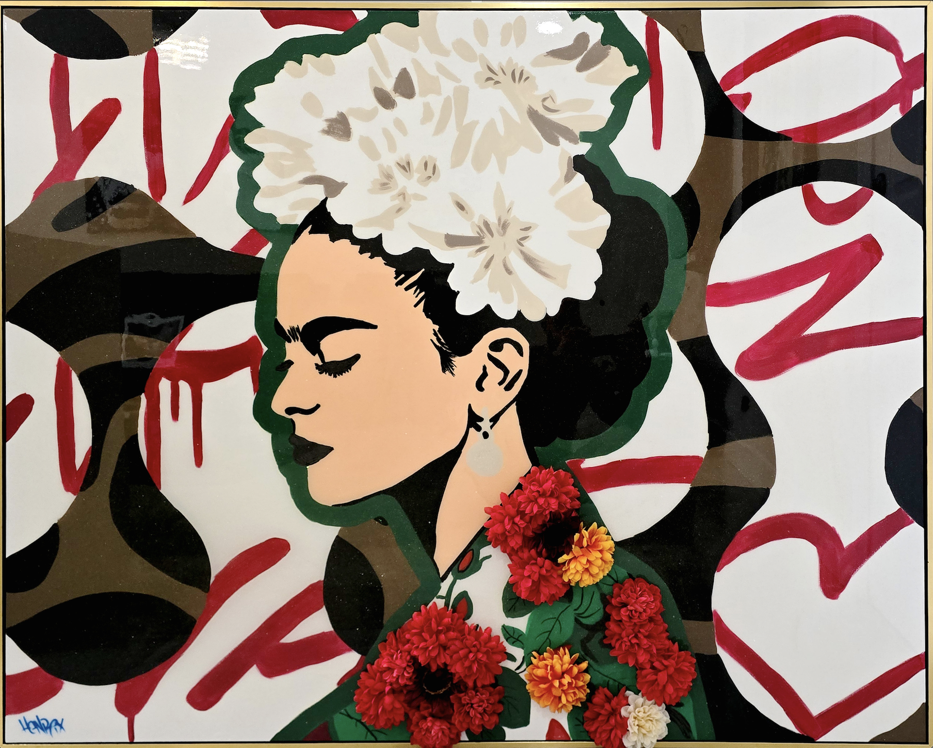 Textured brushwork and 3D floral elements on Frida’s Love original artwork by Henrix