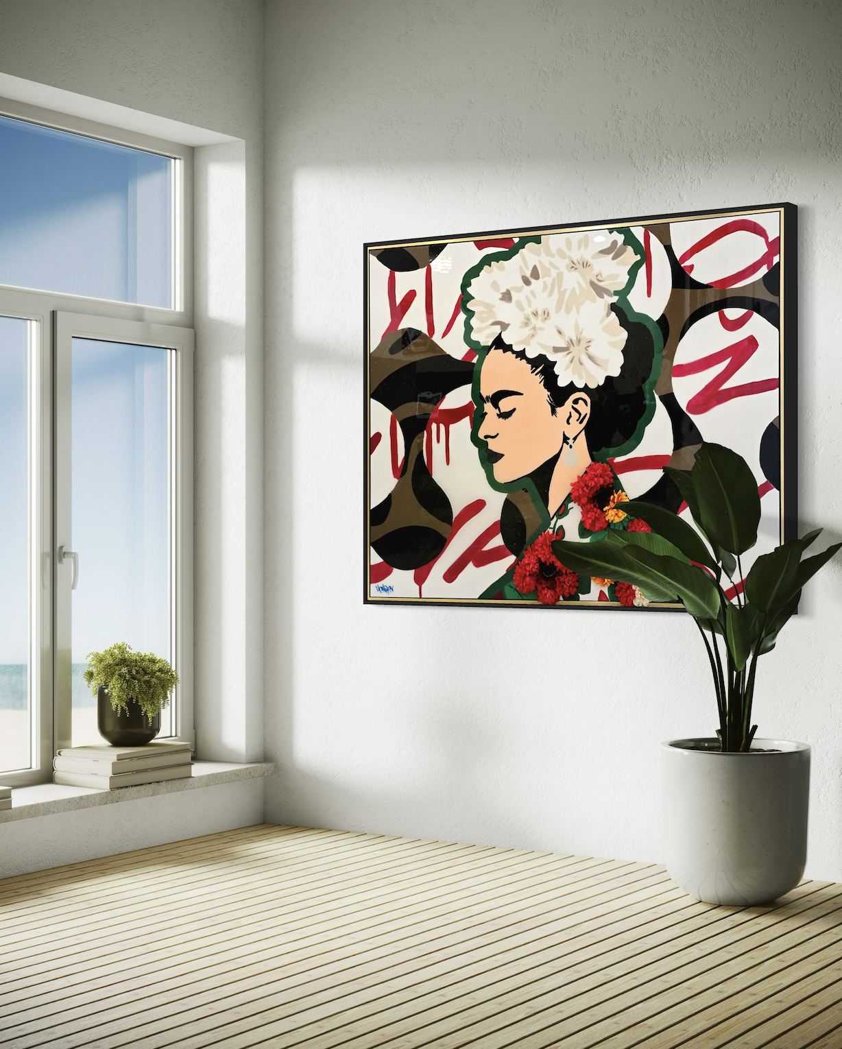 Original Frida’s Love painting by Henrix featuring hand-placed floral accents on canvas