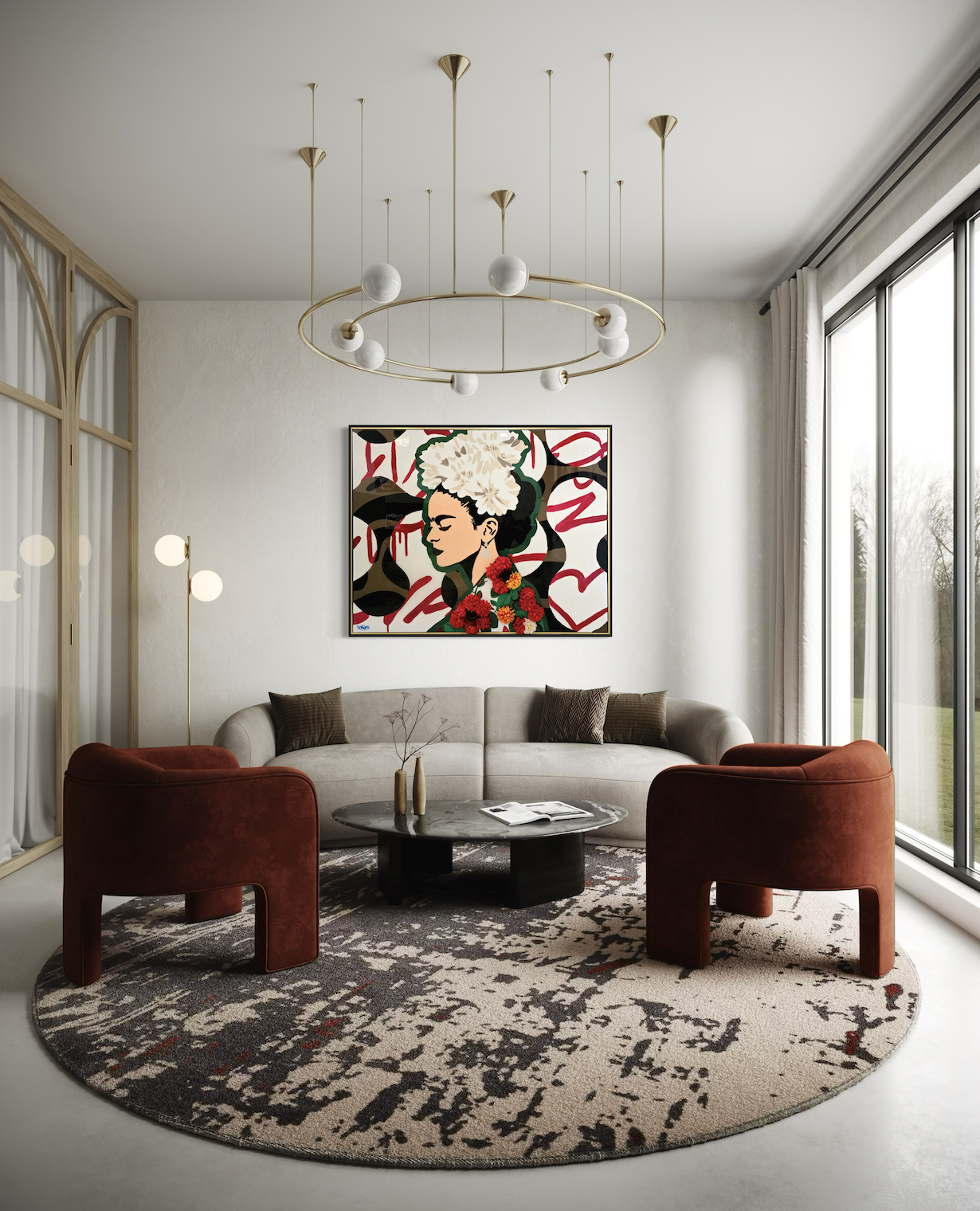 Original Frida’s Love painting with artificial flowers displayed in a luxury interior setting