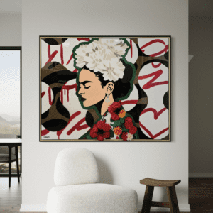 Fridas Love original painting by Henrix featuring an abstract Frida Kahlo portrait with bold colors and resin finish