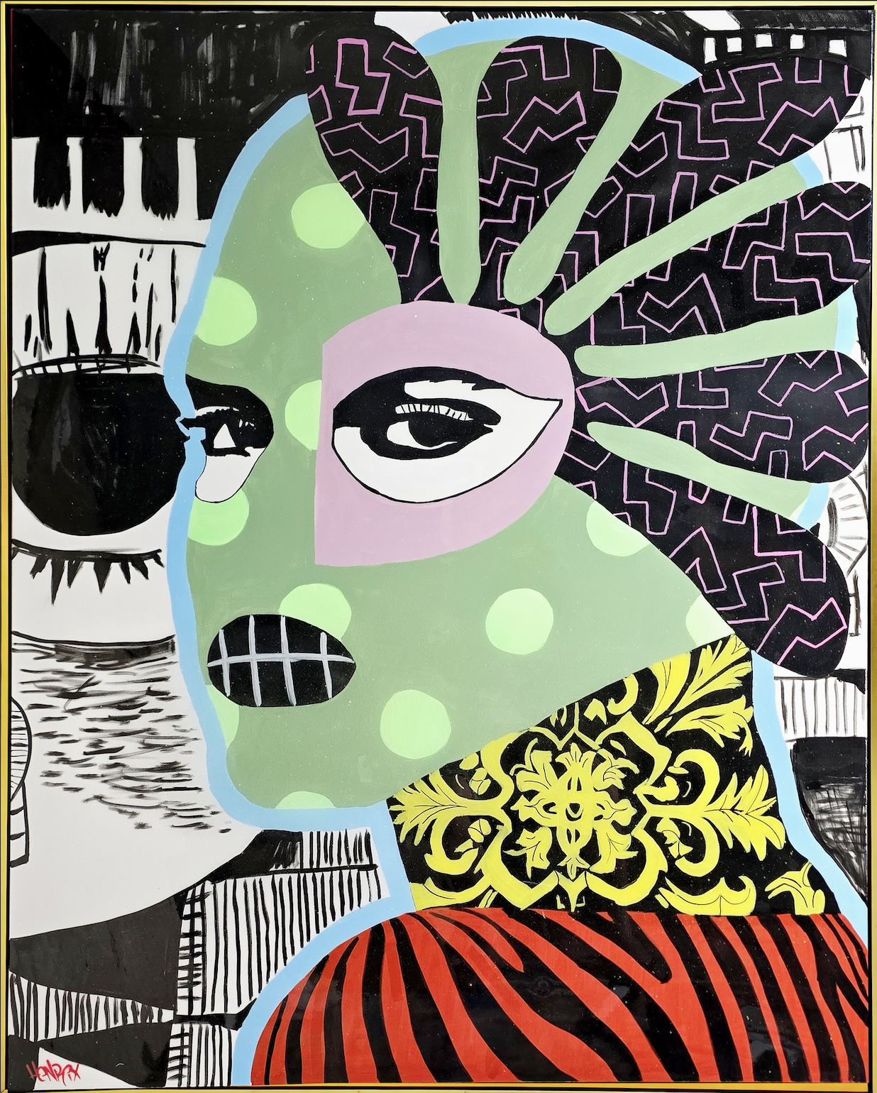 Close-up of Gangster's Paradise on canvas showing paint and pattern detail