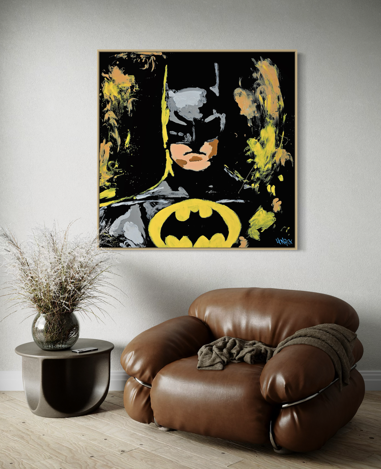 Abstract Knight Batman canvas art displayed in modern living room setting