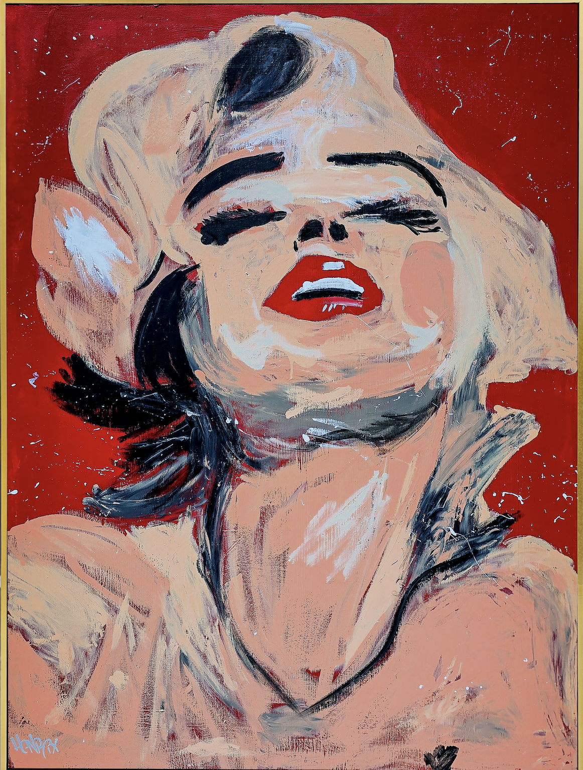 Close-up of Raw Elegance Marilyn Monroe canvas showing brushwork in red and peach