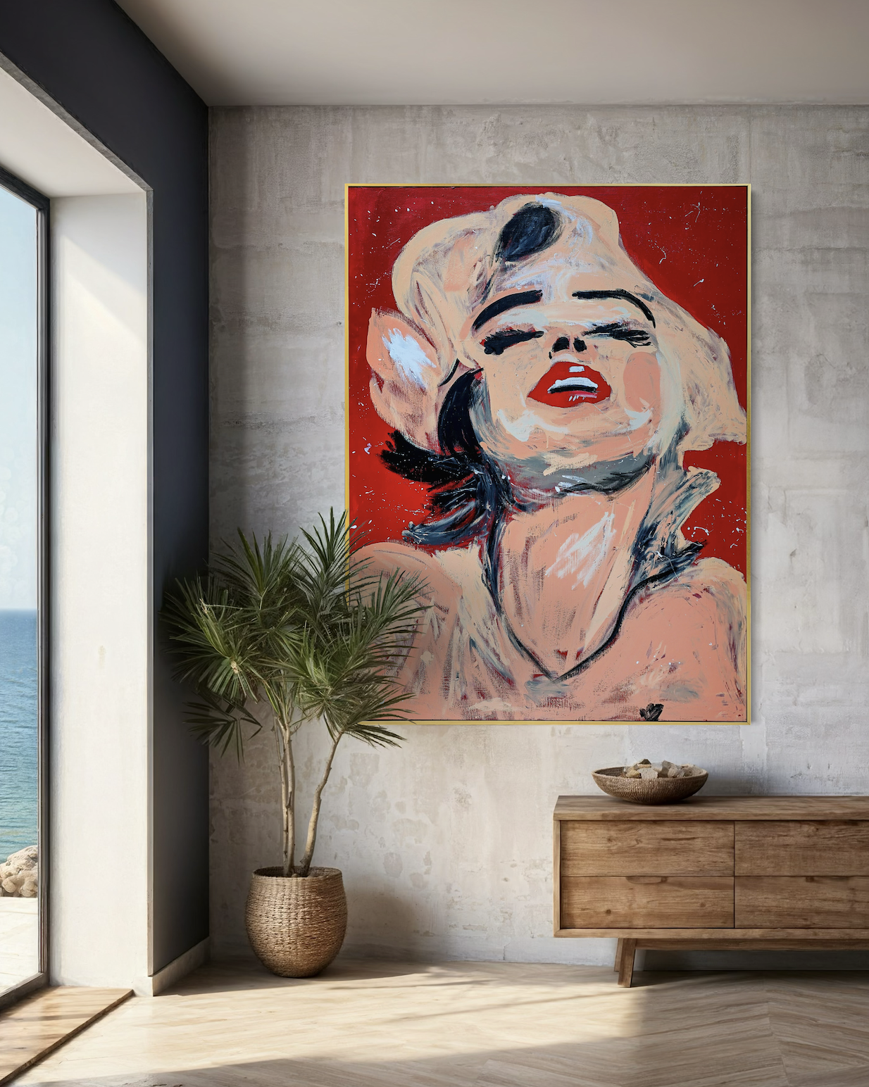 Raw Elegance Marilyn Monroe canvas art displayed in a modern interior