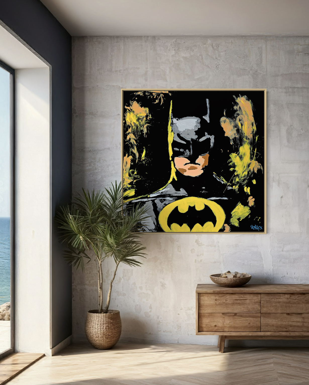 Abstract Knight Batman canvas art displayed in modern living room setting