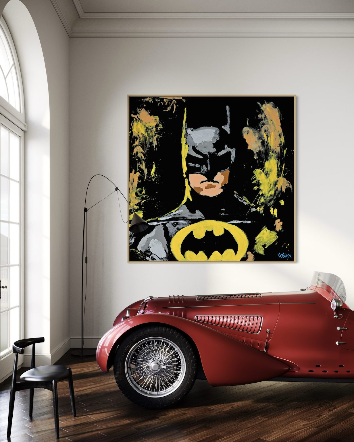 Abstract Knight Batman canvas art displayed in modern living room setting