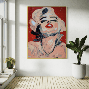 Raw Elegance original painting by Henrix featuring an expressive abstract Marilyn Monroe portrait with red background