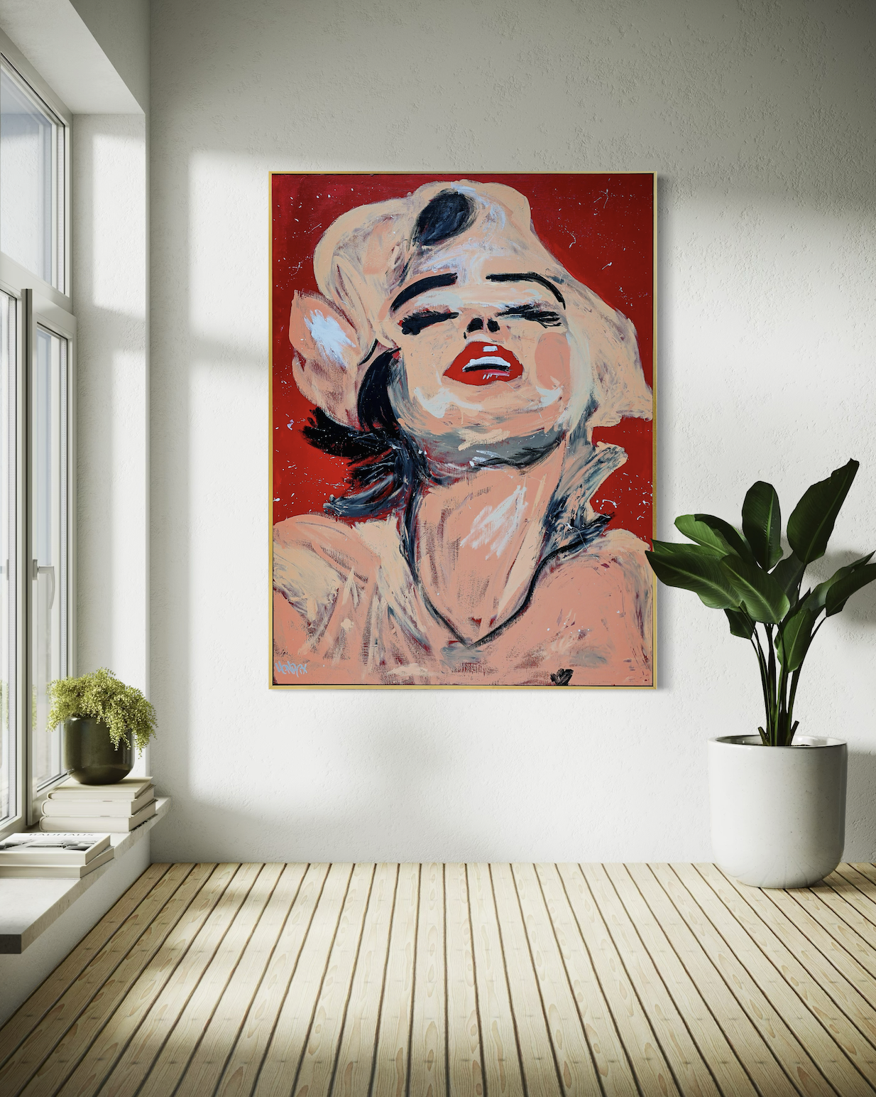 Raw Elegance original painting by Henrix featuring an expressive abstract Marilyn Monroe portrait with red background