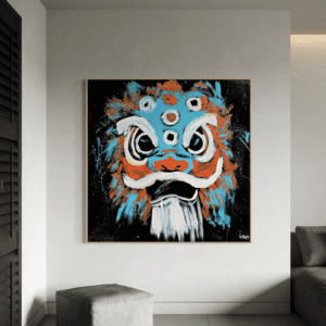 Kodi original painting by Henrix featuring a Chinese guardian lion inspired character in a bold expressive acrylic composition