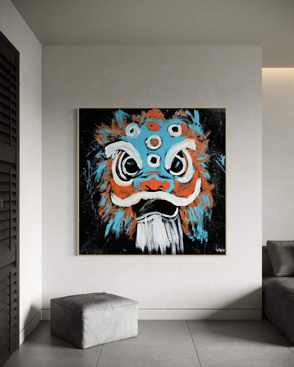 Kodi original painting by Henrix featuring a Chinese guardian lion inspired character in a bold expressive acrylic composition