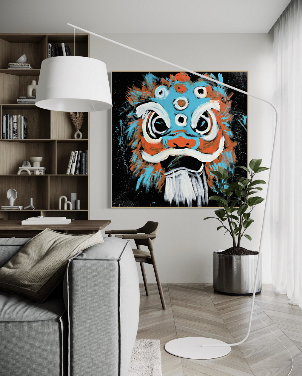Kodi: Chinese lion canvas art displayed in a modern home interior