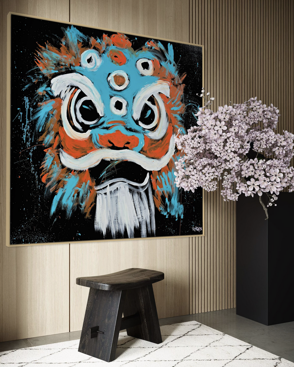 Kodi: Chinese lion canvas art displayed in a modern home interior