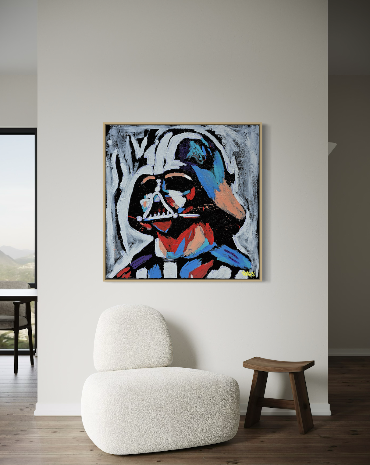 Framed Darth Vader artwork on wall – Empire Bleeds Color by Henrix