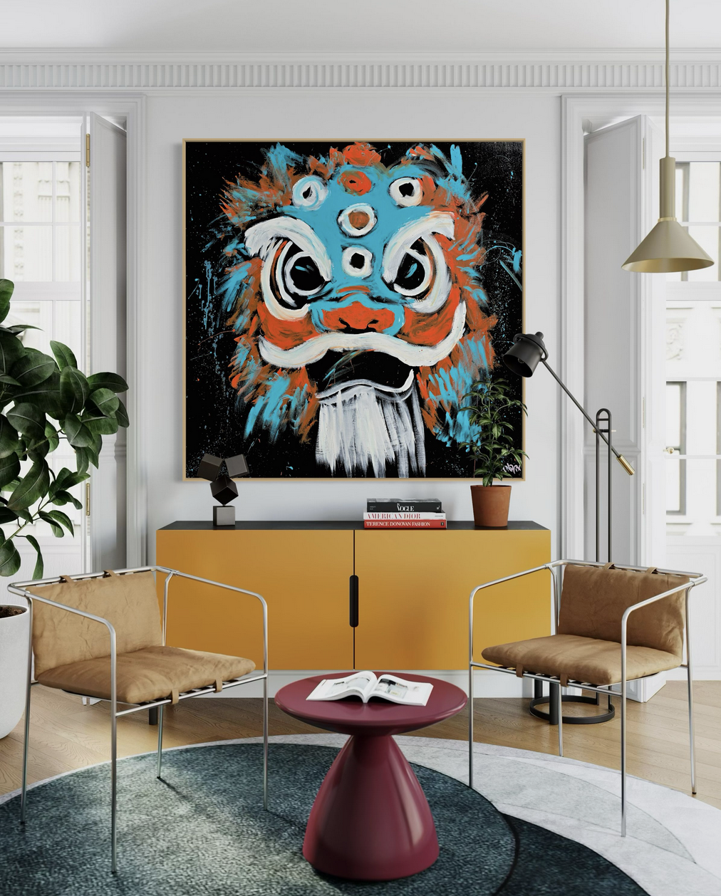 Kodi: Chinese lion canvas art displayed in a modern home interior