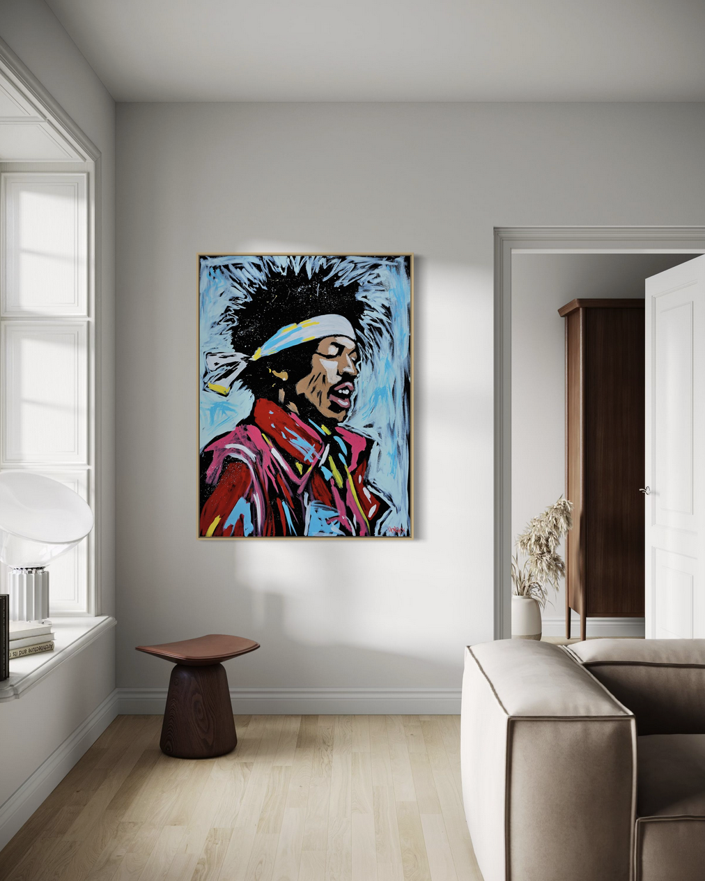 Hendrix x Henrix art print on canvas displayed in modern living room setting