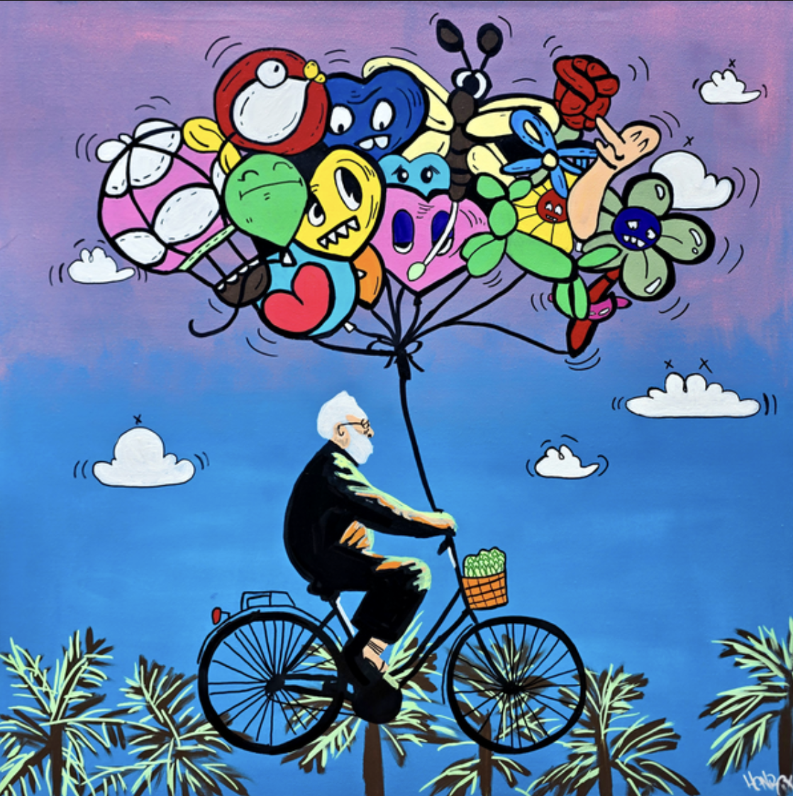 Close-up of colorful artwork titled "Pursuit of Happiness" by Henrix