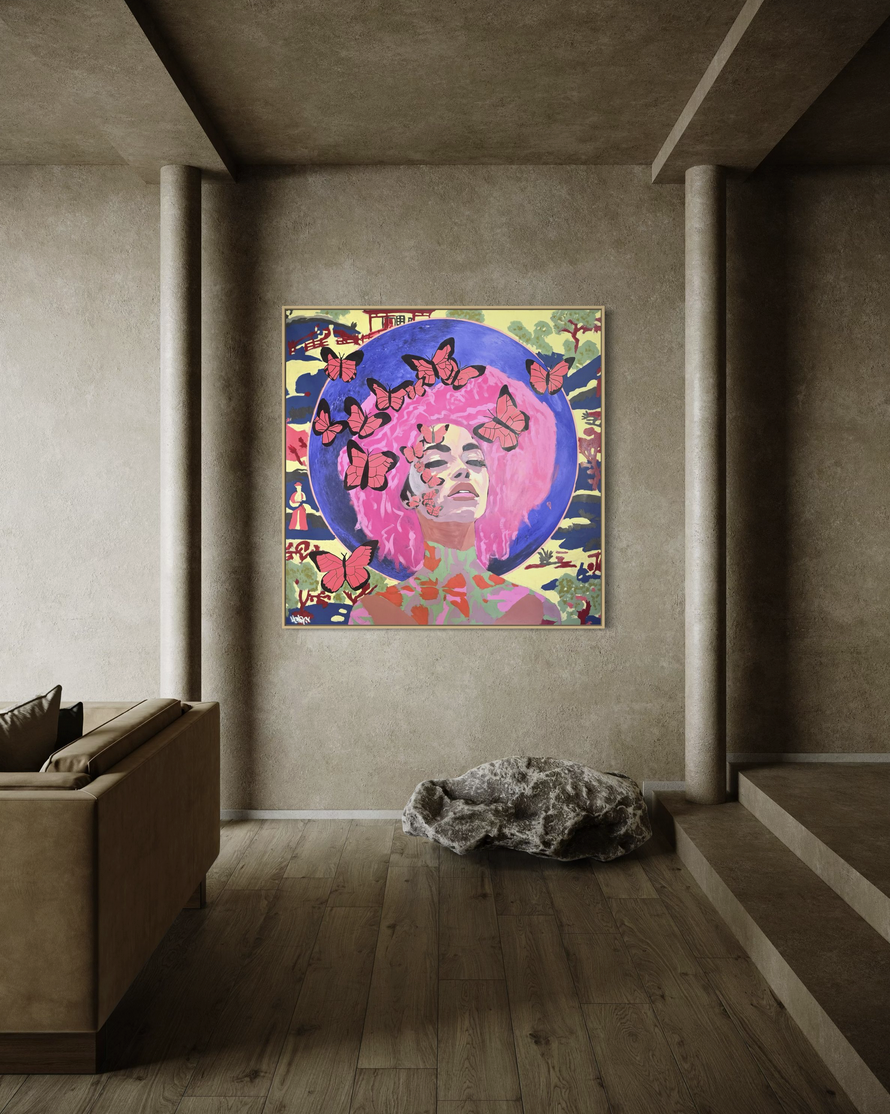 Artwork by Henrix showing a pink‑haired woman with an electric‑blue halo surrounded by butterflies.