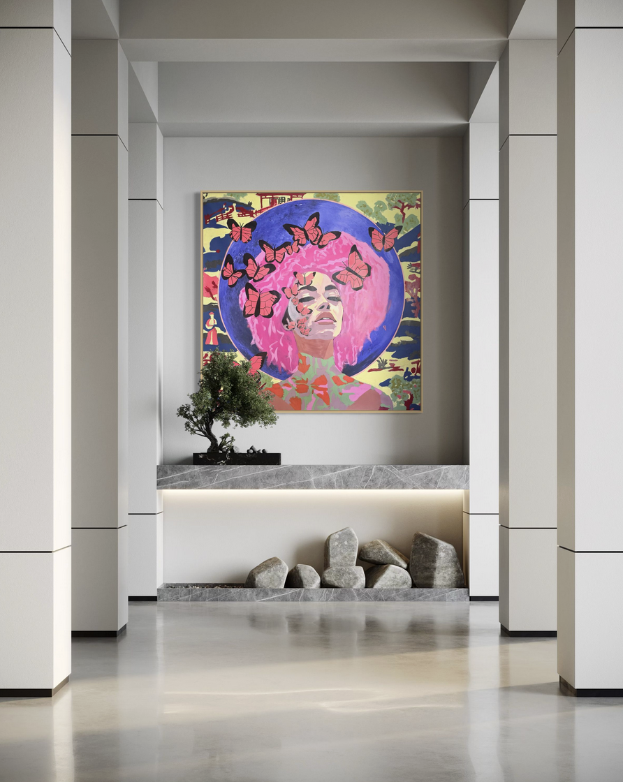 Inner Bloom original painting by Henrix featuring a surreal portrait with butterflies and vibrant colors inspired by music and transformation