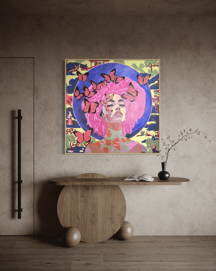 Artwork by Henrix showing a pink‑haired woman with an electric‑blue halo surrounded by butterflies.