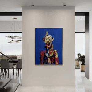 “Leto” original artwork by Henrix, featuring a figure with a crown, dragon, and vibrant suit against a blue background.