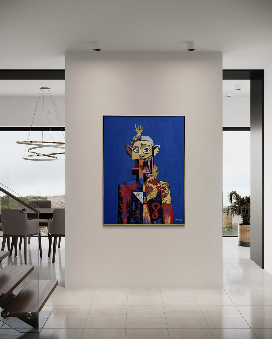 “Leto” original artwork by Henrix, featuring a figure with a crown, dragon, and vibrant suit against a blue background.