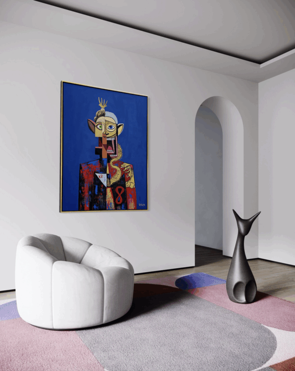 “Leto” limited edition artwork by Henrix, featuring a figure with a crown, dragon, and vibrant suit against a blue background.