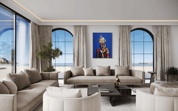 “Leto” limited edition artwork by Henrix, featuring a figure with a crown, dragon, and vibrant suit against a blue background.