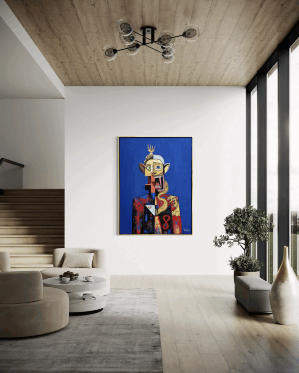 “Leto” limited edition artwork by Henrix, featuring a figure with a crown, dragon, and vibrant suit against a blue background.