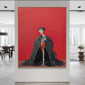 The Met Gala original painting by Henrix featuring a surreal cubist figure in a dramatic black garment against a bold red background