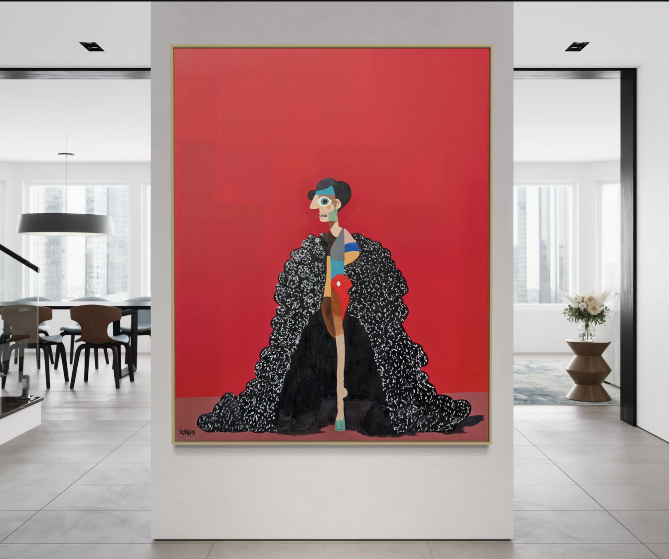 The Met Gala original painting Henrix surreal cubism fashion artwork red background oil acrylic canvas