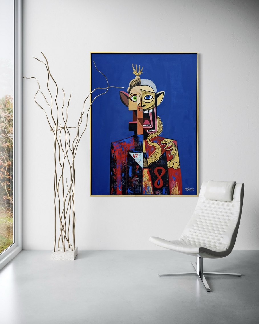 “Leto” original artwork by Henrix, featuring a figure with a crown, dragon, and vibrant suit against a blue background.