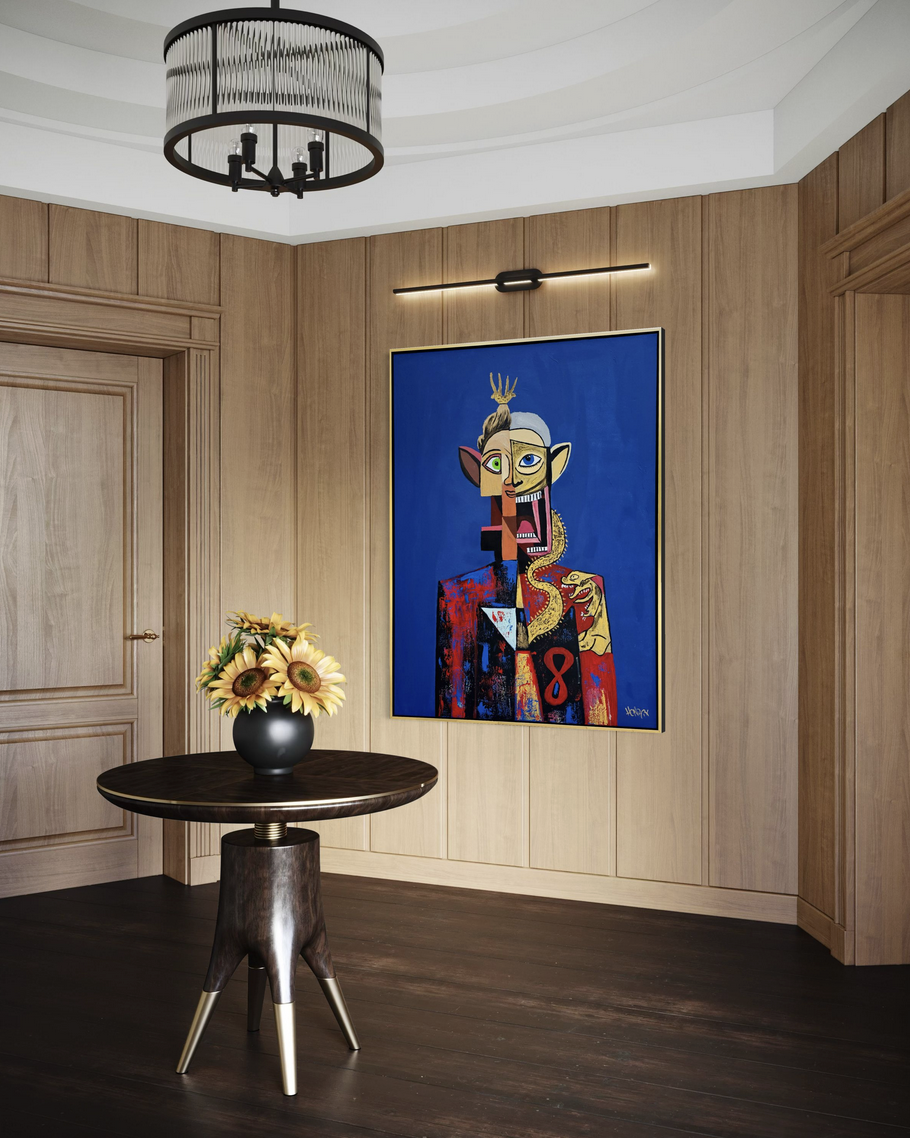 “Leto” original artwork by Henrix, featuring a figure with a crown, dragon, and vibrant suit against a blue background.