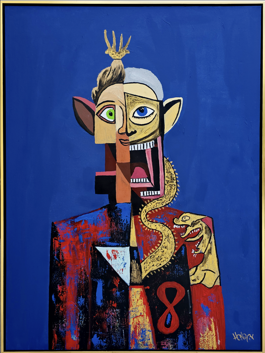 “Leto” original artwork by Henrix, featuring a figure with a crown, dragon, and vibrant suit against a blue background.