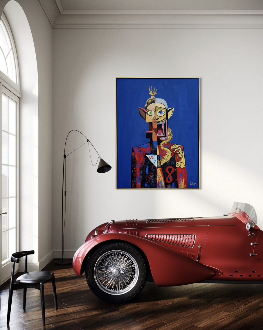 “Leto” original artwork by Henrix, featuring a figure with a crown, dragon, and vibrant suit against a blue background.