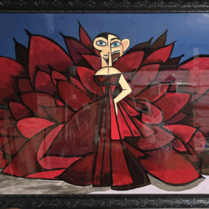 Cardi original painting by Henrix featuring a dramatic red Met Gala inspired dress in surreal cubism style, oil and acrylic on wood panel with resin finish