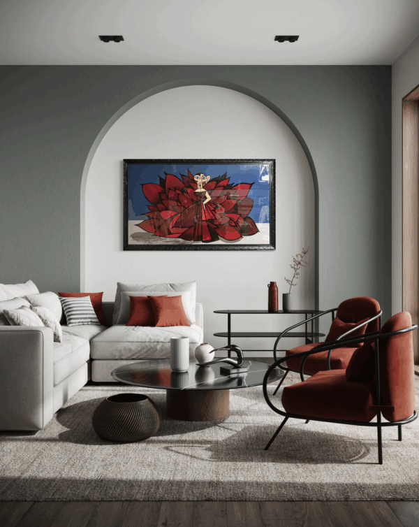 "Cardi" original painting by Henrix. Inspired by Cardi B's Met Gala look, this piece captures red carpet glam with a fierce dress and abstract detailing.