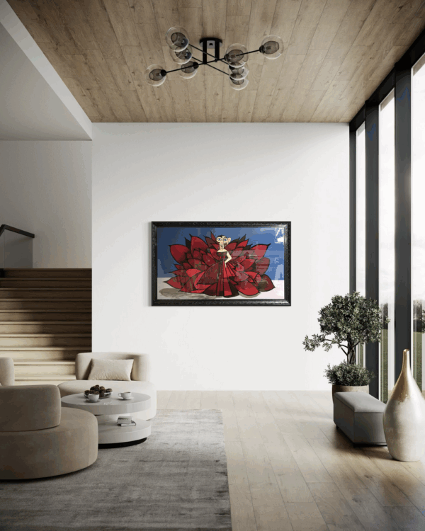 "Cardi" original painting by Henrix. Inspired by Cardi B's Met Gala look, this piece captures red carpet glam with a fierce dress and abstract detailing.