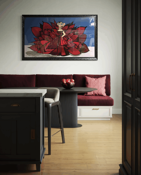 "Cardi" original painting by Henrix. Inspired by Cardi B's Met Gala look, this piece captures red carpet glam with a fierce dress and abstract detailing.